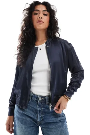French Connection Akita ruched sleeve satin bomber jacket in