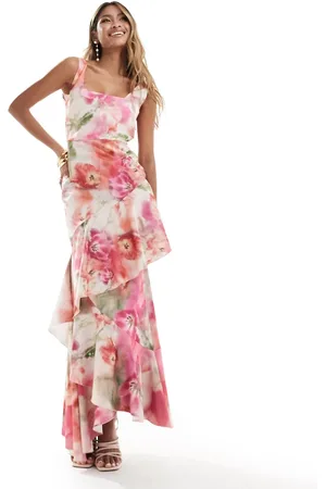 True Violet Square neck ruffle midaxi dress blurred pink floral