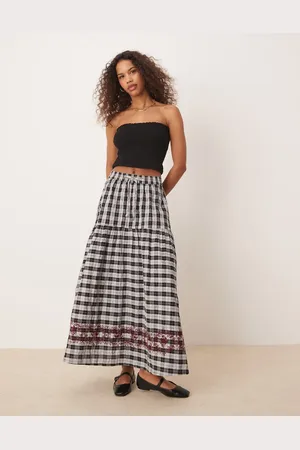 Neon Rose Gingham embroidered detail midaxi skirt in