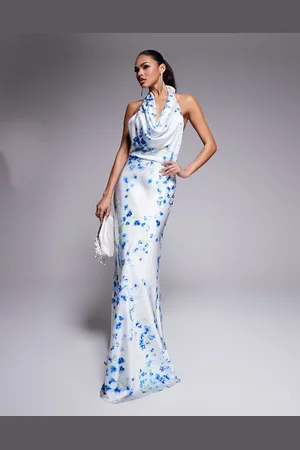 Jarlo Cowl halter neck satin maxi dress in floral