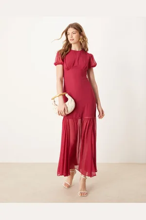 ASOS Puff sleeve midi dress in dark cherry