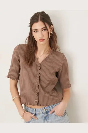 ASOS Knit cardigan with ruffled edge in mocha