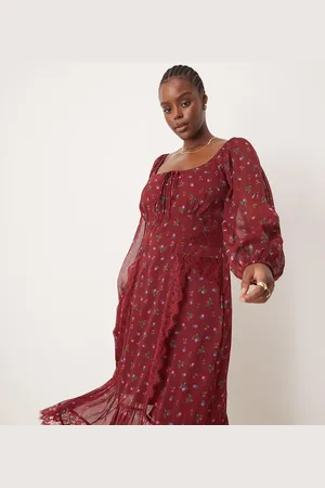 ASOS ASOS DESIGN Curve long sleeve tie front midi dress with lace inserts in pretty delicate floral
