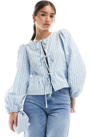 Pieces® Tie front peplum hem poplin top in stripe