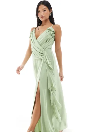 TFNC Bridesmaid wrap front chiffon maxi dress with ruffle detail and slit in sage