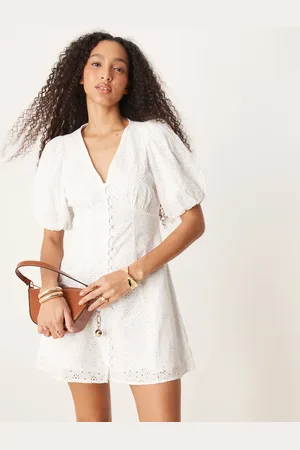 Gina Tricot Long sleeve eyelet v neck graduation mini dress in off