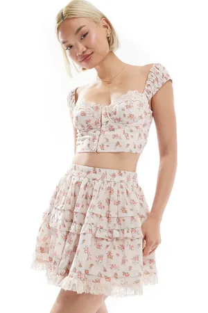 Love Triangle Lace trim corset crop top in pink floral - part of a set