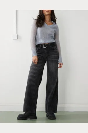 The Ragged Priest Laser pinstripe release jeans with belt in charcoal stripe