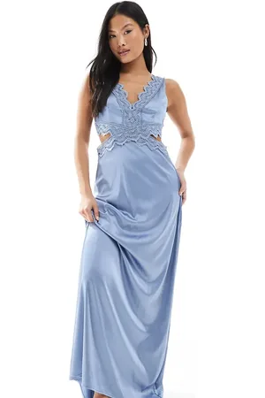 TFNC Bridesmaid satin maxi dress with scalloped lace detail in dusty