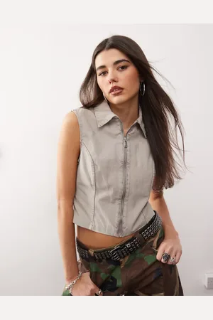 Monki Twill zip through vest in beige