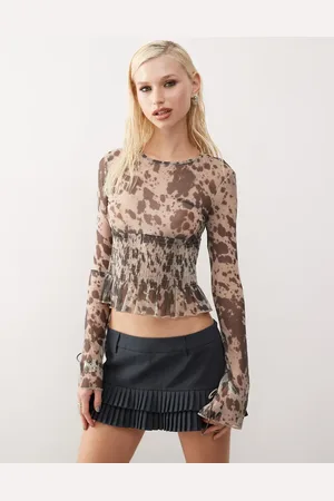 Monki Long sleeve mesh shirred top in brown cow print