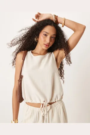 River Island Linen mix puffball tank in cream - part of a set