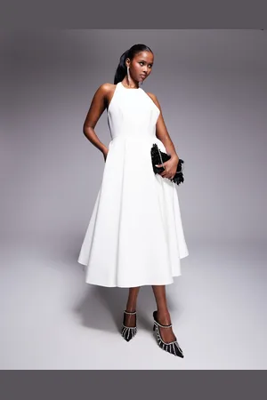 Jarlo High neck structured A-line midi dress in ivory