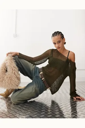 Edikted Asymmetric open knit top in olive