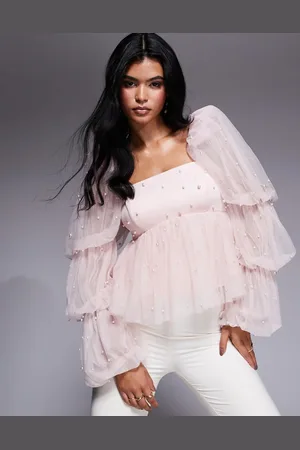 ASOS Tulle babydoll top with pearl embellishment in pink