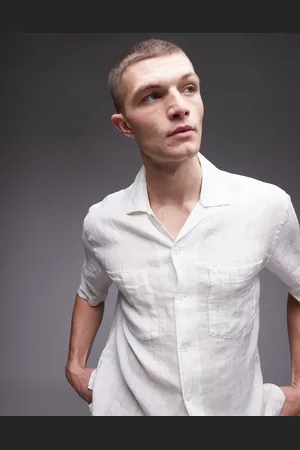 MANGO Open collar short sleeve linen mix shirt in