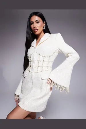 Lavish Alice Pearl embellished boucle mini blazer dress in beige