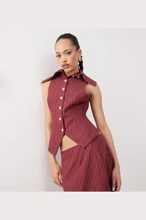Labelrail X Jennifer McKing high collar tailored pinstripe vest top in burgundy - part of a set