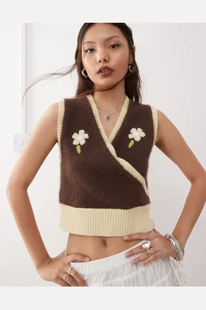 Reclaimed Knit wrap tank with floral embroidery in and butter yellow