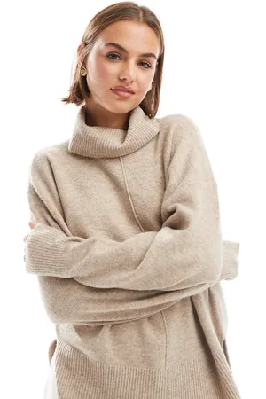 Pieces® Roll neck sweater with seam detail front in beige