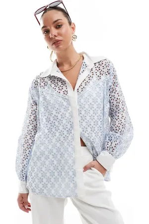 French Connection Galina cotton embroidered shirt in sky