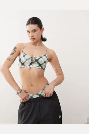 Monki Mix and match scoop neck bikini top with tie front detail in check blur print