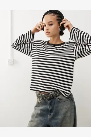 Monki Long sleeve top in off white and black stripes