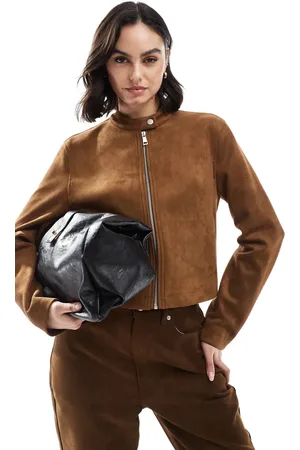 Stradivarius Faux suede zip cropped jacket in