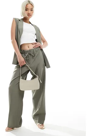ONLY Straight leg tailored pants with string detail in sage gray - part of a set