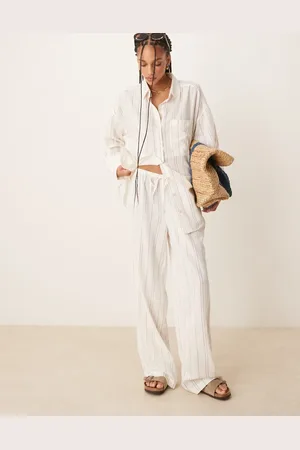ASOS Belle beach pants with linen in fine mono stripe
