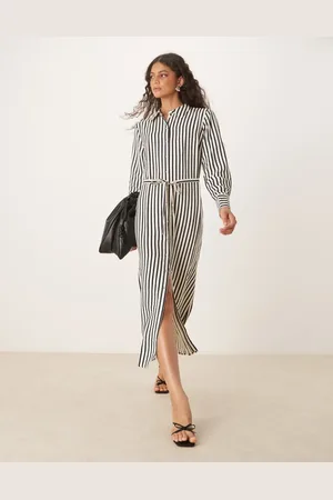 Y.A.S Tie waist maxi shirt dress in black and cream stripe