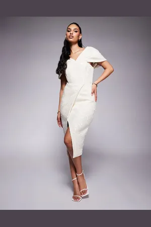 Lavish Alice Draped bardot sequin boucle midi dress in beige