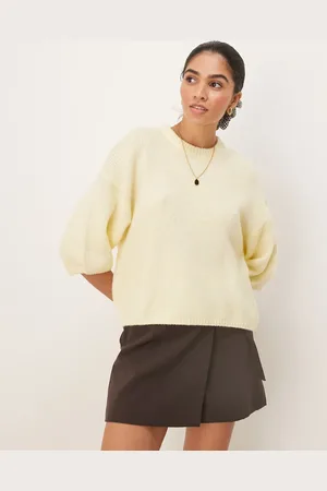 Gina Tricot Short sleeve knit crew neck puff sleeves top in butter
