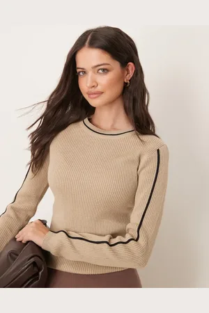 JDY Contrast details ribbed knitted sweater in beige