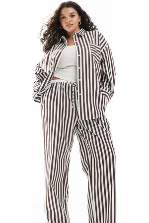 4th & Reckless Cotton wide leg boxer detail tie waist pants in brown stripe - part of a set