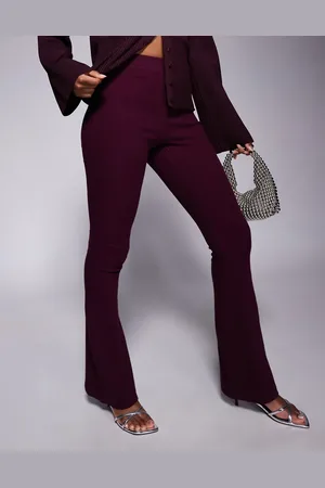 River Island Fitted ribbed flare pants in burgundy