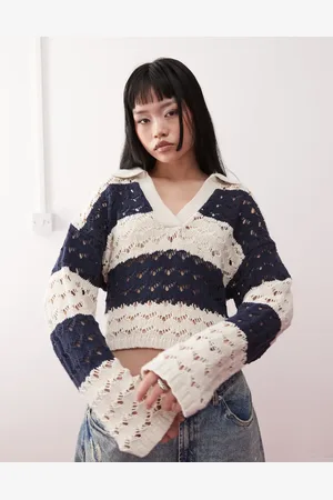 Monki Open stitch knit polo in black & beige