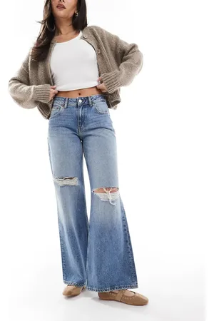 Dr Denim Rhue low rise wide leg flare jeans with rips in stream sky fade wash