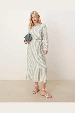 Y.A.S Tie waist maxi shirt dress in green and cream stripe
