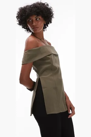 MANGO Structured longline off the shoulder top in khaki