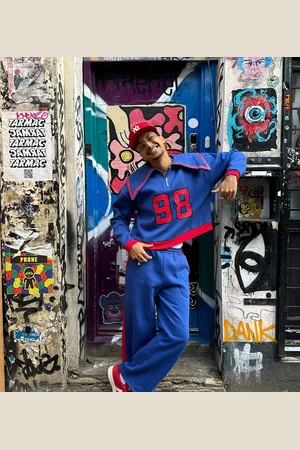 Labelrail X OliBrom straight leg sweatpants in blue and red - part of a set