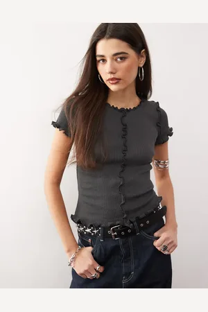 Monki Structured knitted t-shirt with ruffle hem in dark