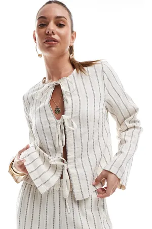 Pieces® Linen touch tie front blouse in birch cream and stripe - part of a set