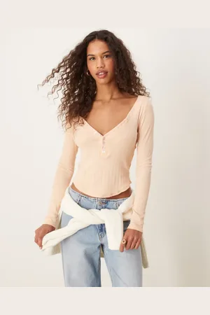 Free People Long sleeve pointelle henley top in peach