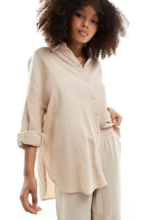ONLY Cheesecloth oversized shirt in light beige - part of a set