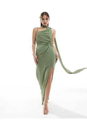 TFNC Bridesmaid one shoulder maxi dress with twist front and scarf detail in dark