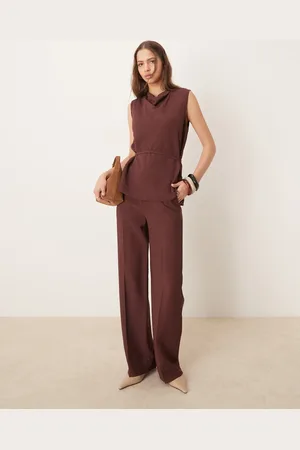 ASOS Tailored straight leg pants with skinny belt in chocolate
