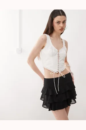 Monki Frill edge corset top with lace up detail in
