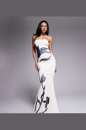 Murci Exclusive bandeau mesh fishtail maxi dress in with black flower