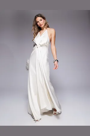 Jarlo Halter neck drape satin maxi gown in ivory